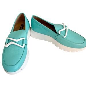 NWT Wonders Spain Odisei Aqua Leather Lug Sole Wedge Penny Loafers Slip On